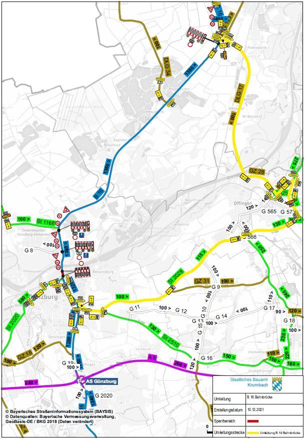 Bauarbeiten für den Ausbau der Bundesstraße 16 (Dillinger Straße) in Günzburg mit Ersatzneubau der Bahnbrücke haben begonnen - Vollsperrung der B 16 im Baustellenbereich ab Dienstag, den 11.01.2022